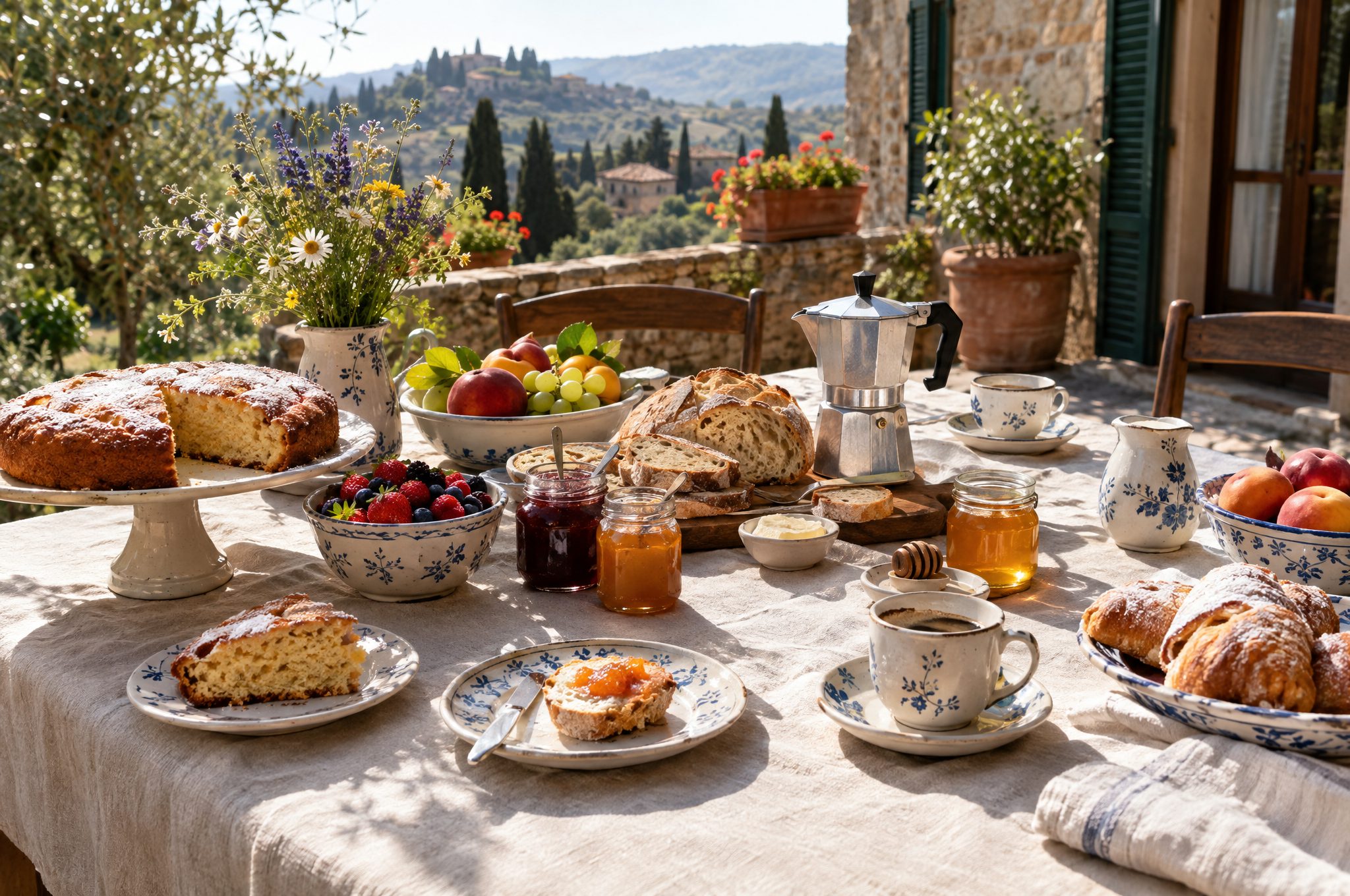 Tavolo della colazione con torte e prodotti locali