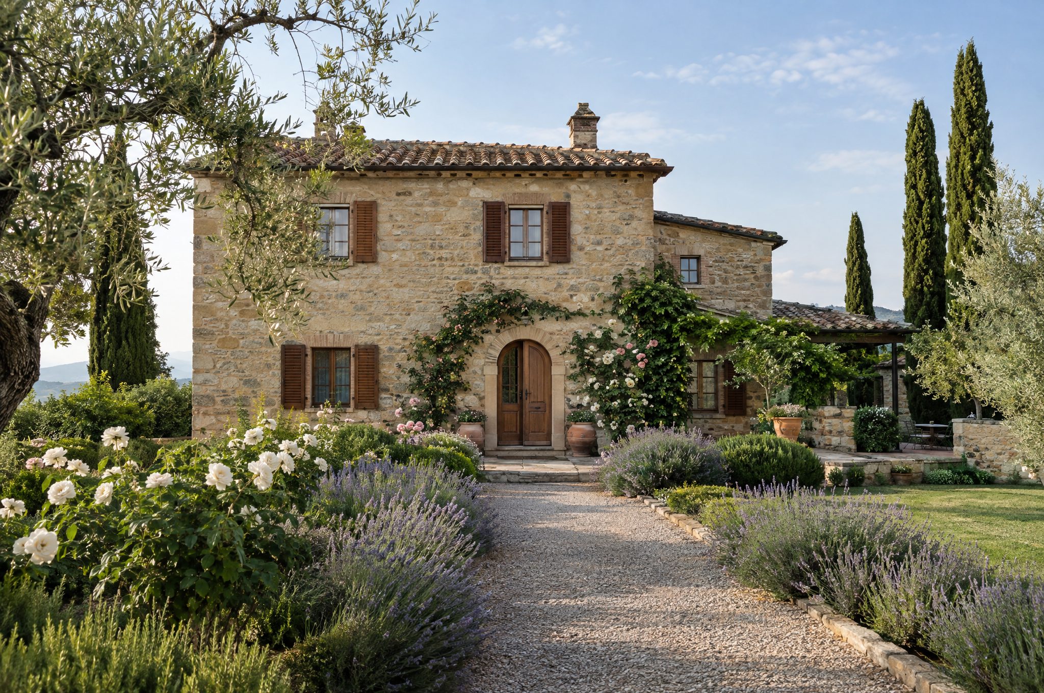 Facciata in pietra della dimora con il giardino