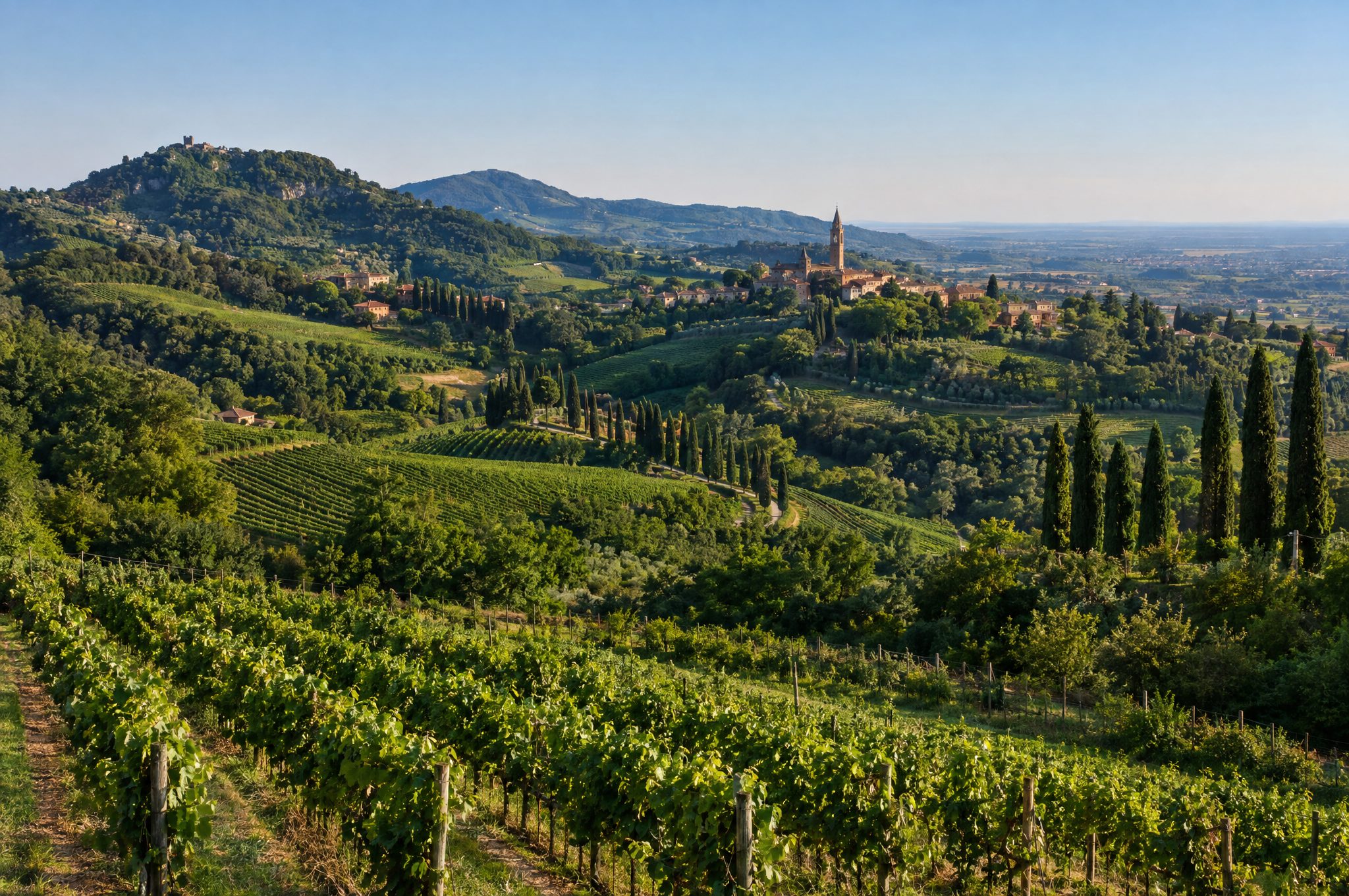 Panorama dei Colli Berici con vigneti e borghi
